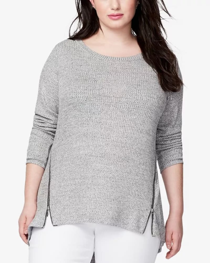 Front of a model wearing a size 0X Rachel Roy Women's Trendy Plus Size Zip-Hem Top Gray Size 0X in Gray by Rachel Roy. | dia_product_style_image_id:311605